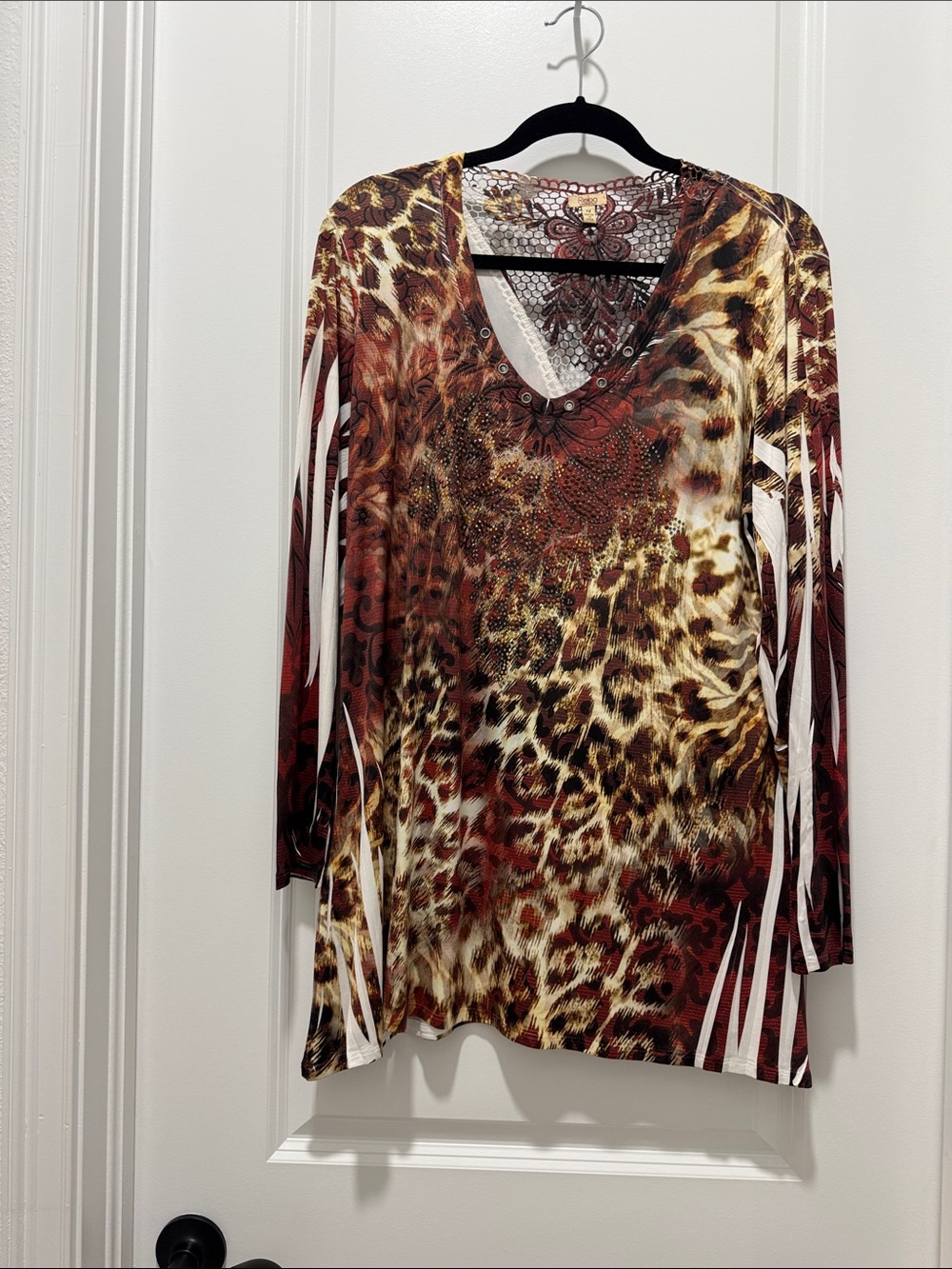 Reba Brown Multi Leopard Print V-Neck Long Sleeve Top